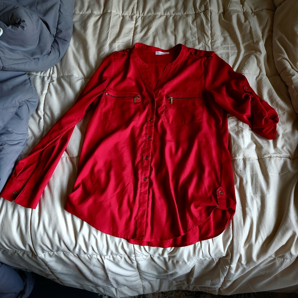 Red Button-Up Calvin Klein Blouse